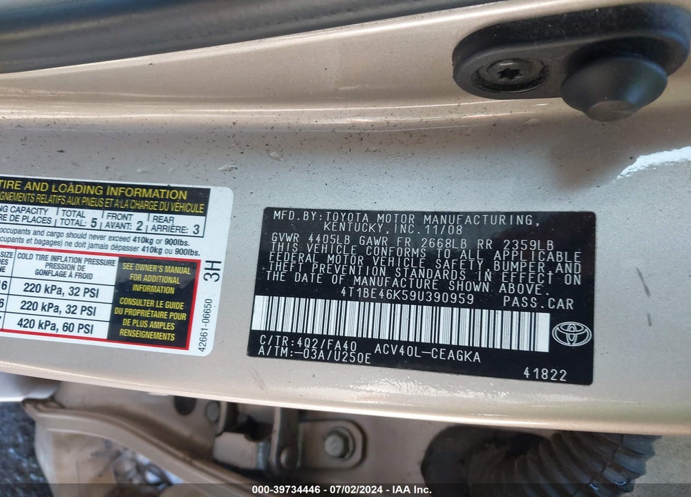 2009 TOYOTA CAMRY XLE VIN: 4T1BE46K59U390959