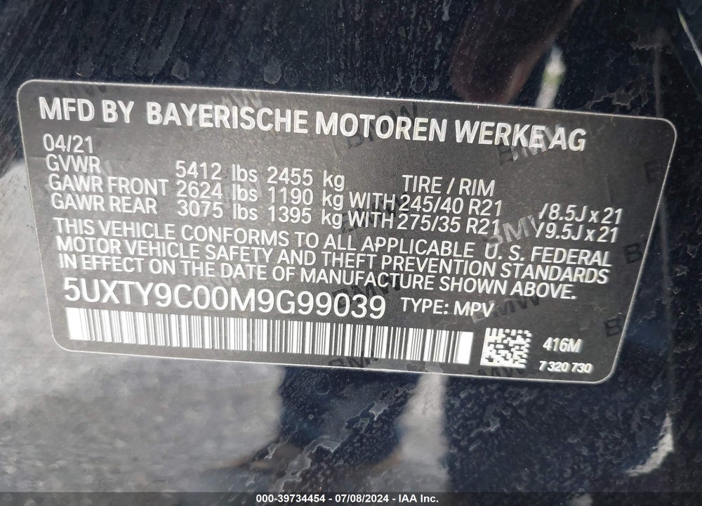 2021 BMW X3 VIN: 5UXTY9C00M9G99039