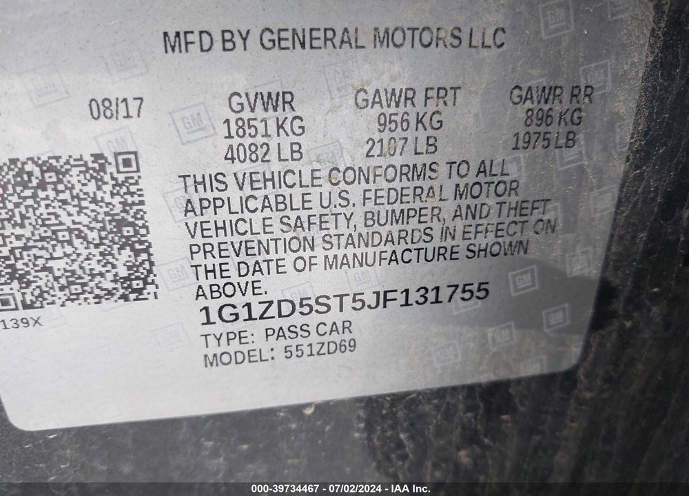 2018 CHEVROLET MALIBU LT VIN: 1G1ZD5ST5JF131755