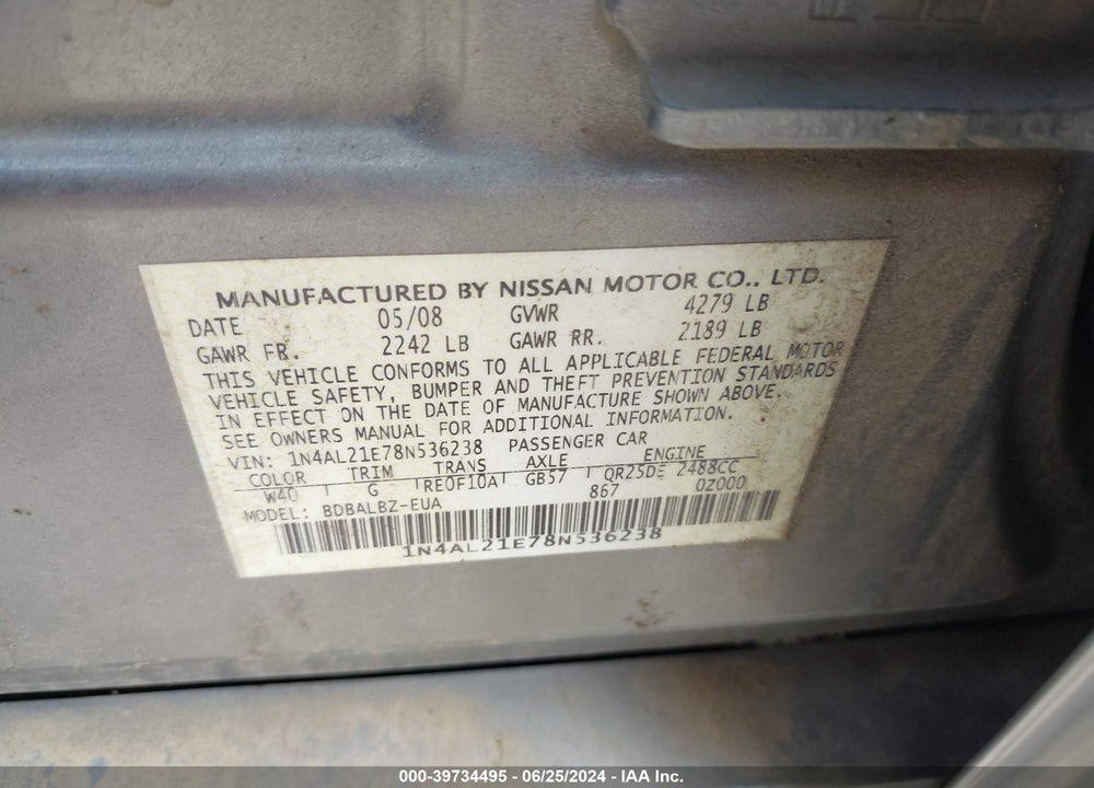2008 NISSAN ALTIMA 2.5 S VIN: 1N4AL21E78N536238