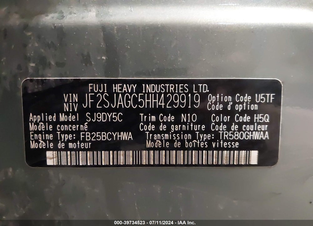 2017 SUBARU FORESTER VIN: JF2SJAGC5HH429919