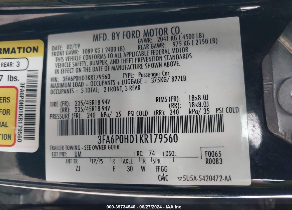 2019 FORD FUSION SE VIN: 3FA6P0HD1KR179560