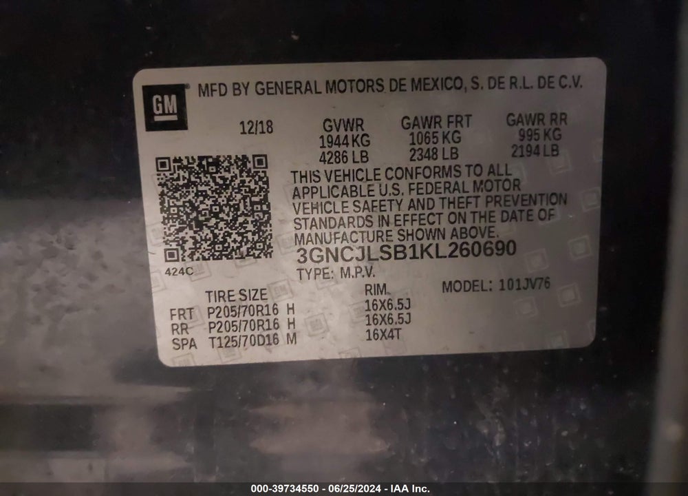 2019 CHEVROLET TRAX VIN: 3GNCJLSB1KL260690