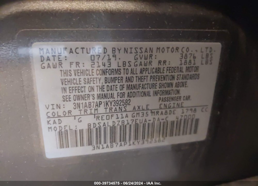 2019 NISSAN SENTRA SV VIN: 3N1AB7AP1KY392582