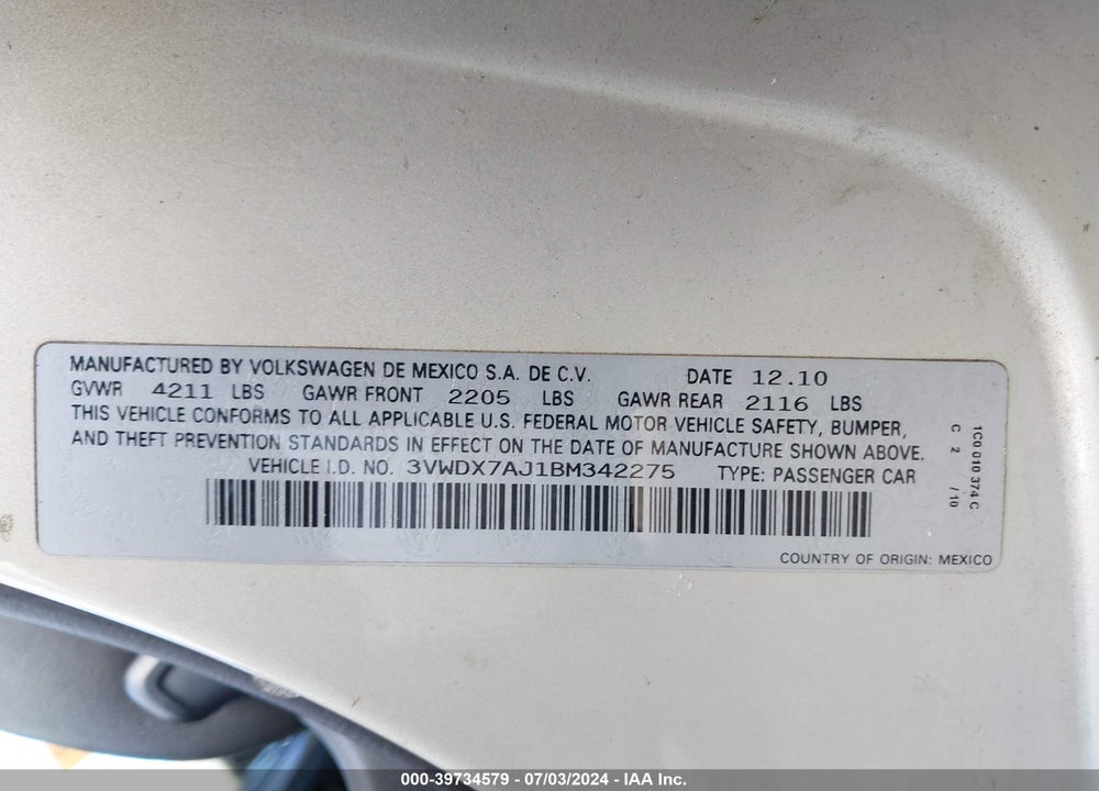 2011 VOLKSWAGEN JETTA 2.5L SE VIN: 3VWDX7AJ1BM342275