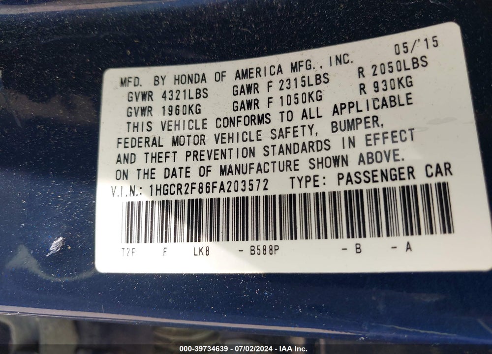 2015 HONDA ACCORD EX-L VIN: 1HGCR2F86FA203572
