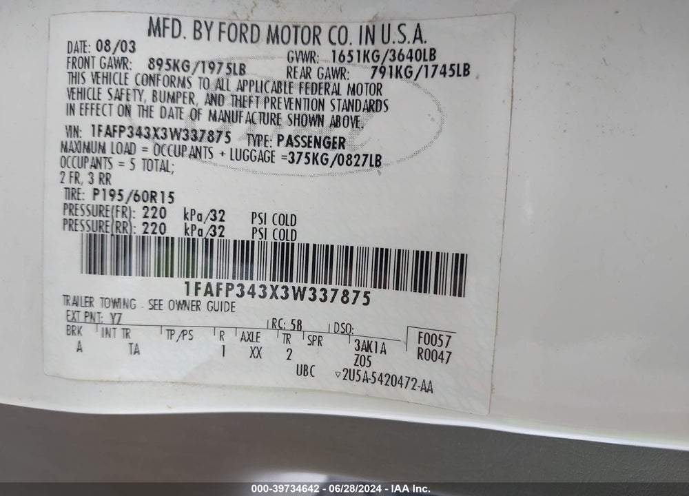2003 FORD FOCUS SE VIN: 1FAFP343X3W337875