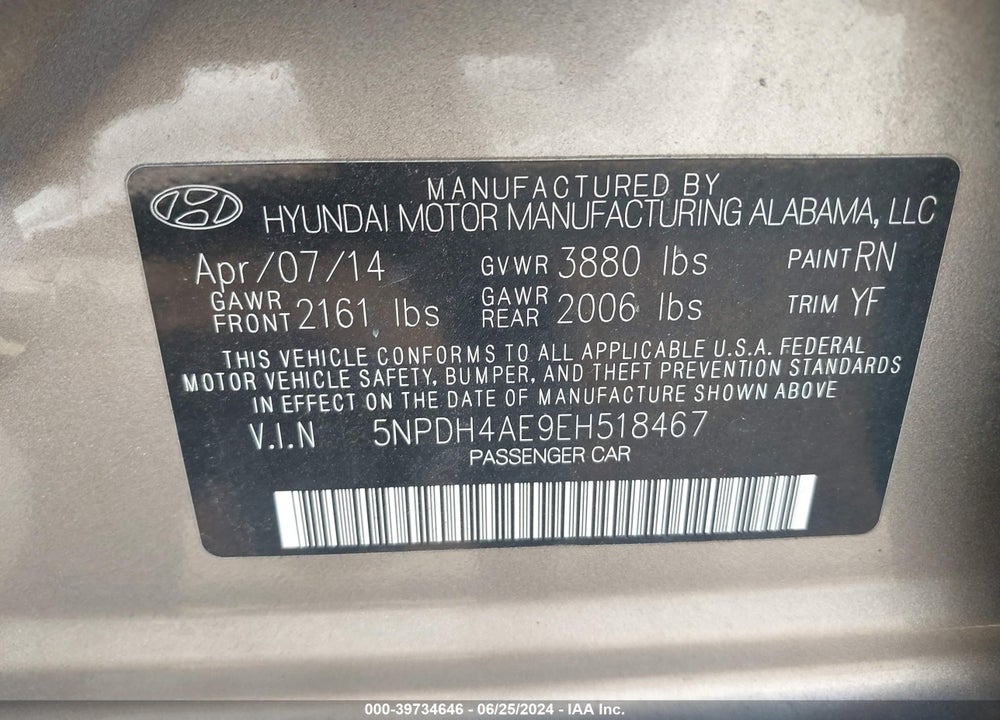 2014 HYUNDAI ELANTRA SE VIN: 5NPDH4AE9EH518467