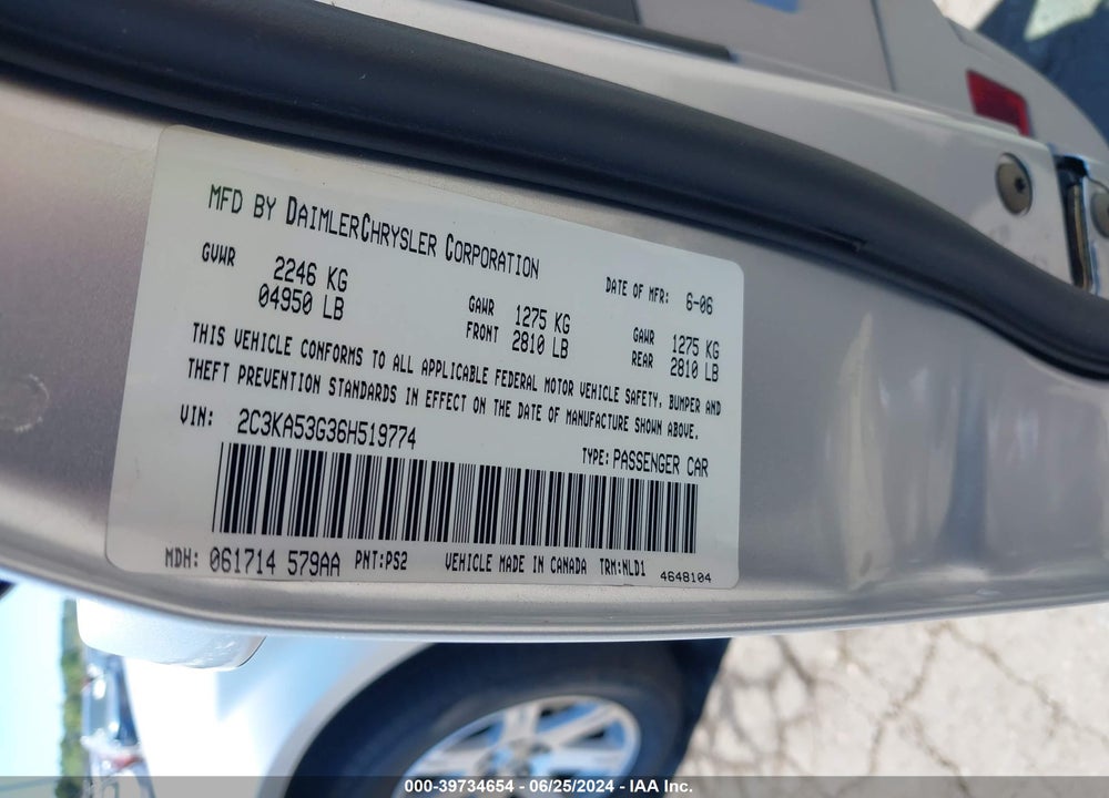 2006 CHRYSLER 300 TOURING VIN: 2C3KA53G36H519774