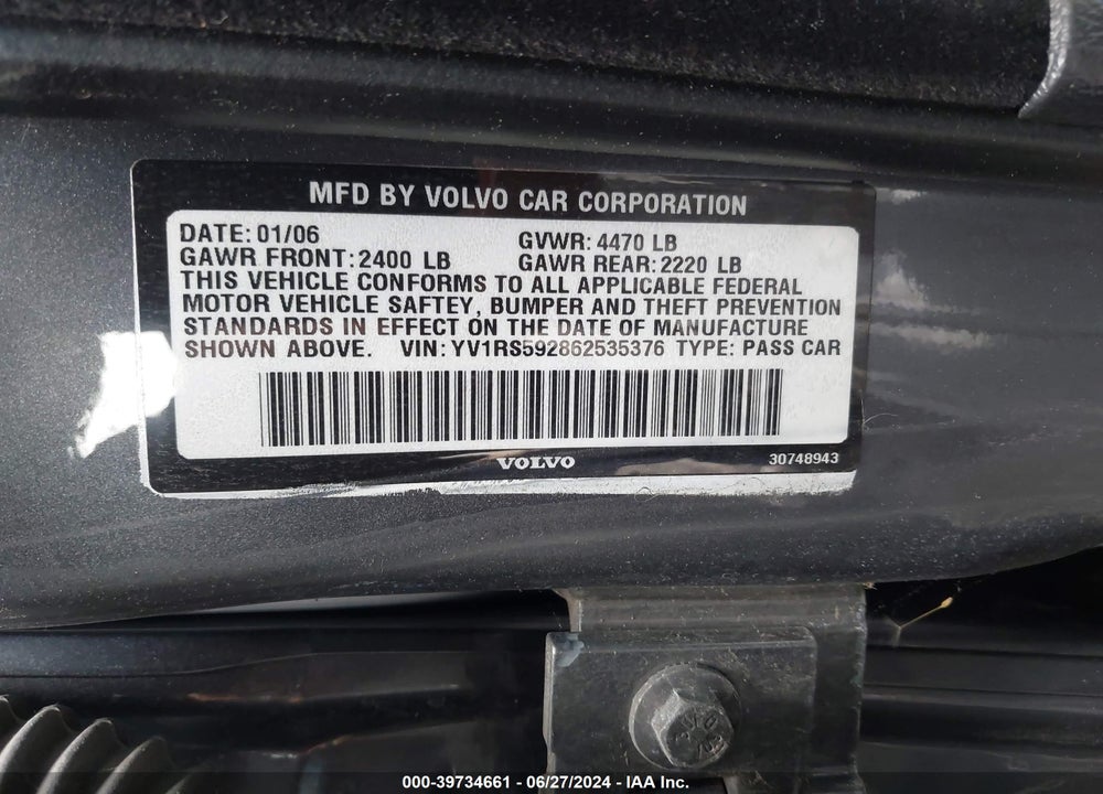 2006 VOLVO S60 2.5T VIN: YV1RS592862535376