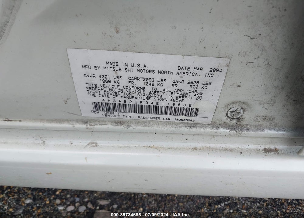2004 MITSUBISHI GALANT DE VIN: 4A3AB26F04E110686
