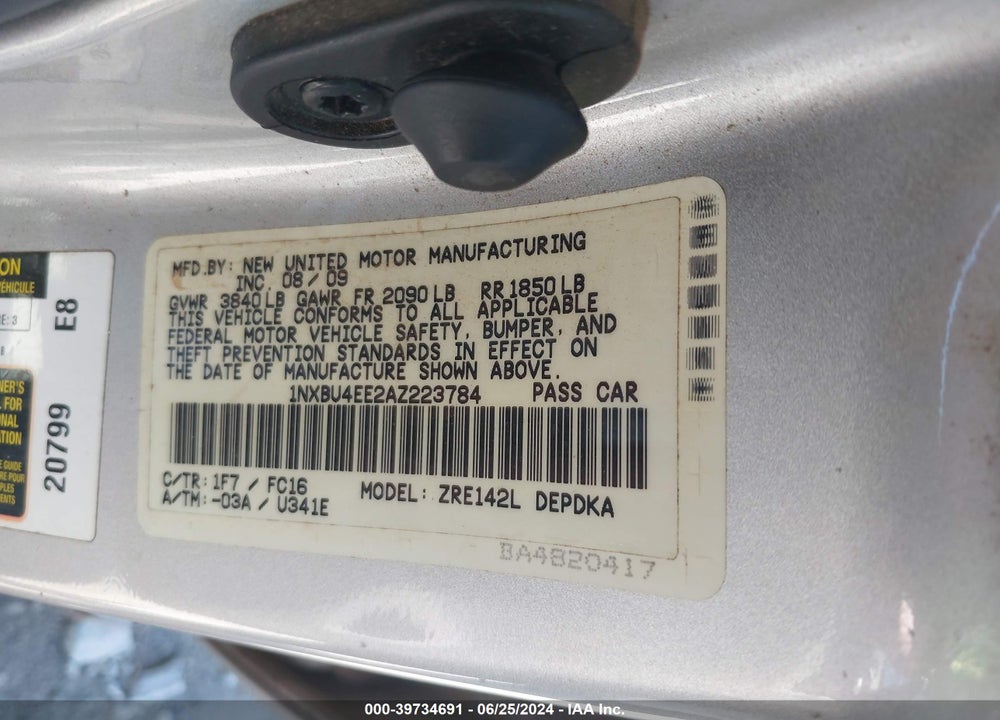 2010 TOYOTA COROLLA LE VIN: 1NXBU4EE2AZ223784