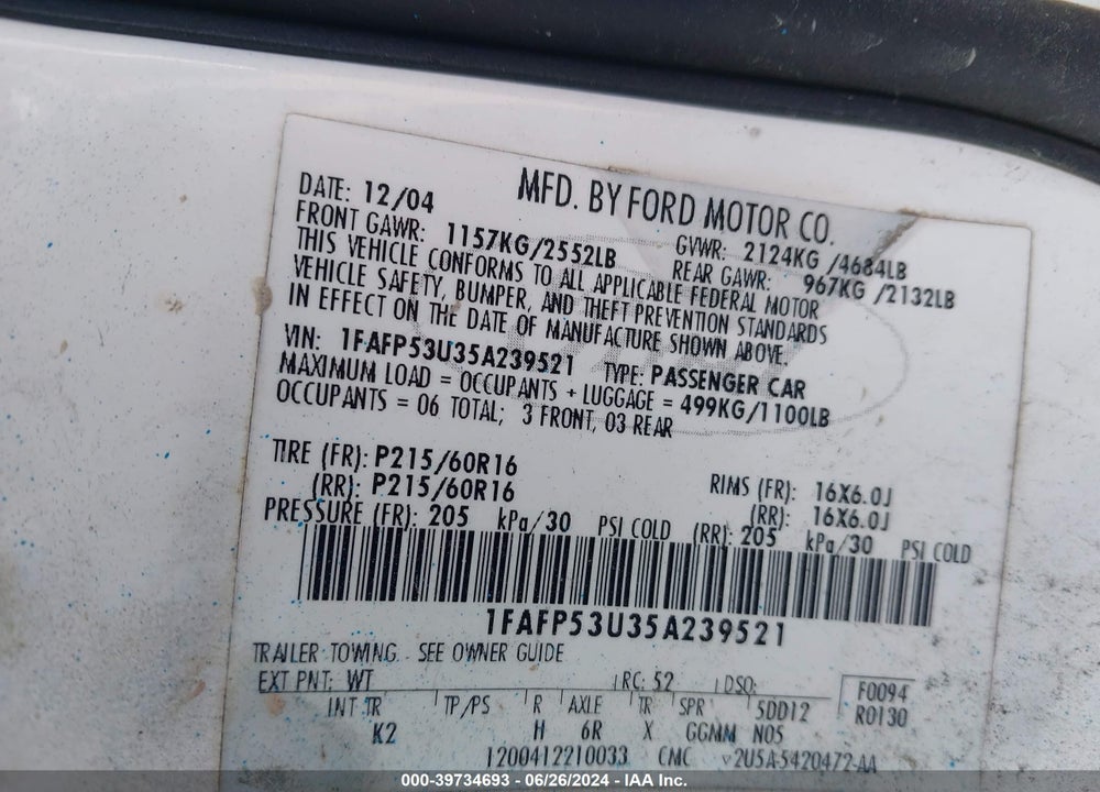 2005 FORD TAURUS SE VIN: 1FAFP53U35A239521