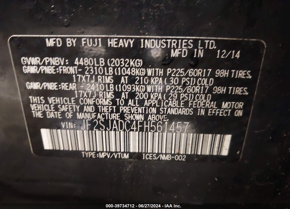 2015 SUBARU FORESTER VIN: JF2SJADC4FH561457