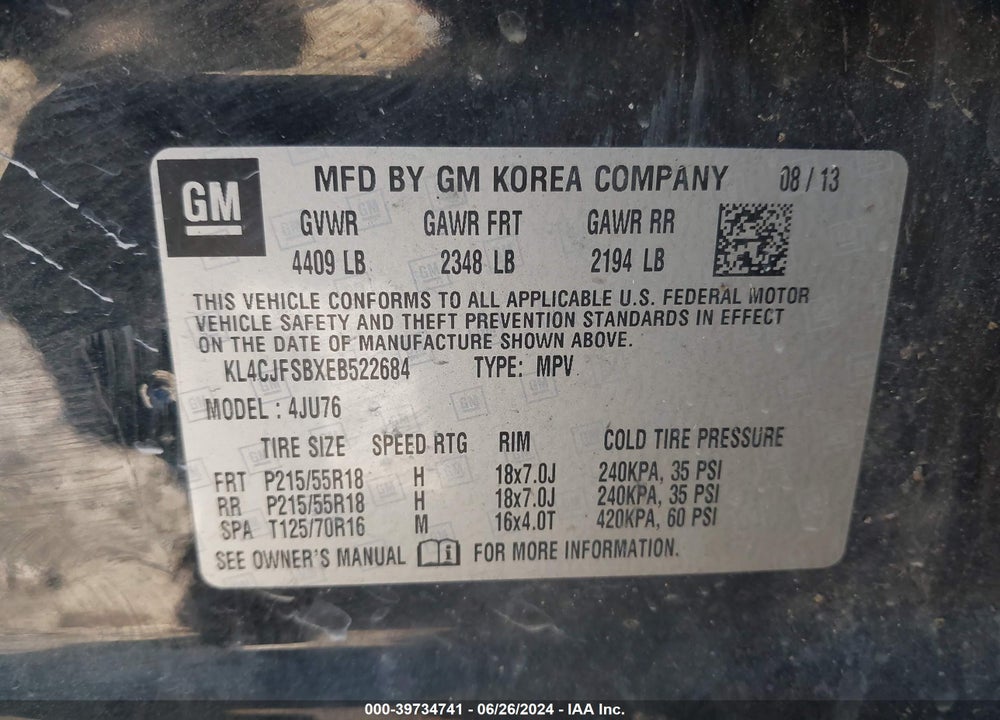 2014 BUICK ENCORE CONVENIENCE VIN: KL4CJFSBXEB522684
