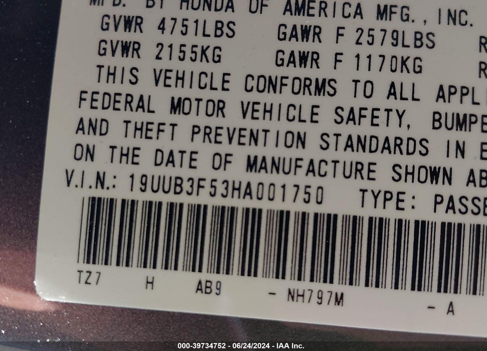 2017 ACURA TLX TECHNOLOGY PACKAGE VIN: 19UUB3F53HA001750
