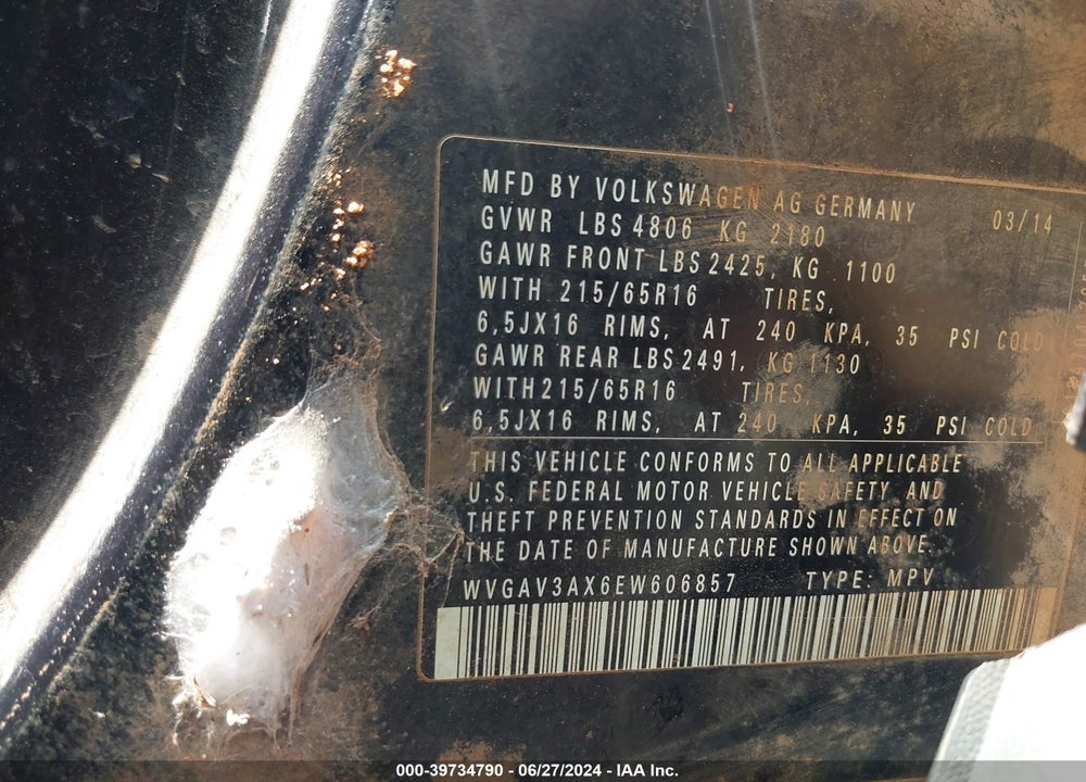 2014 VOLKSWAGEN TIGUAN S VIN: WVGAV3AX6EW606857