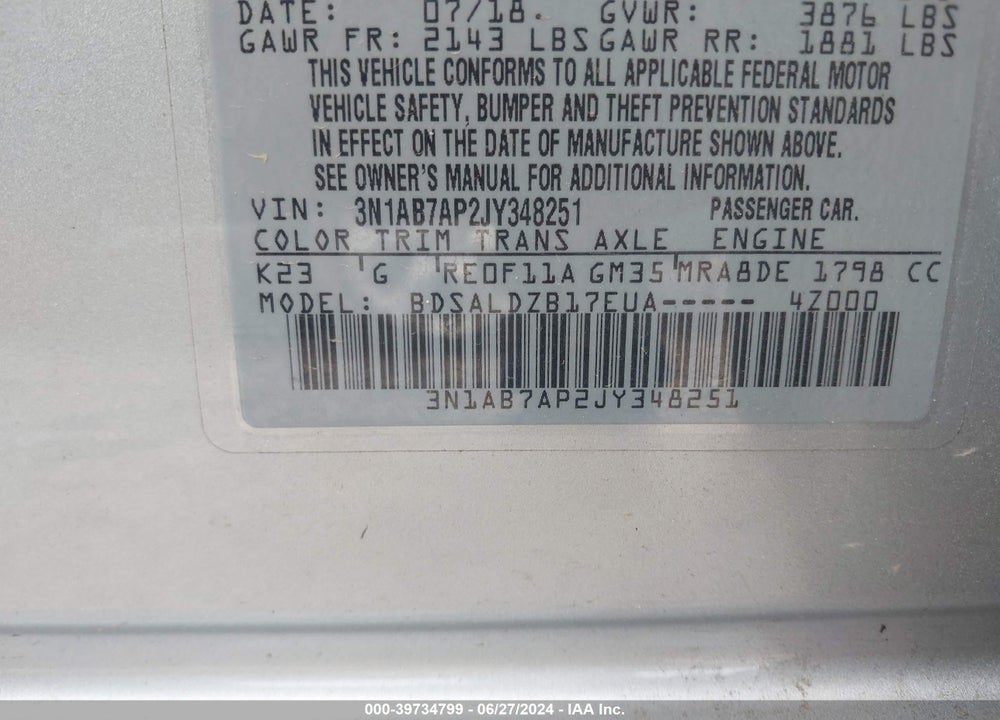 2018 NISSAN SENTRA SV VIN: 3N1AB7AP2JY348251
