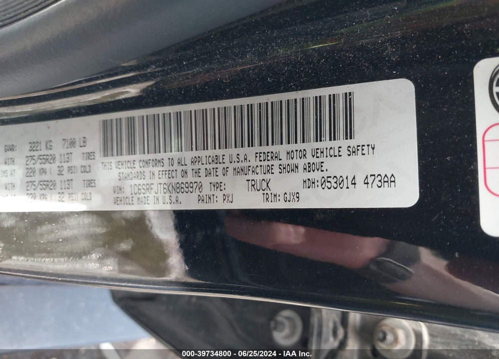 2019 RAM 1500 LAIE  4X4 5'7 BOX VIN: 1C6SRFJT6KN869970