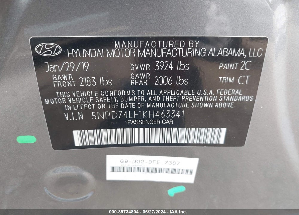 2019 HYUNDAI ELANTRA SE VIN: 5NPD74LF1KH463341