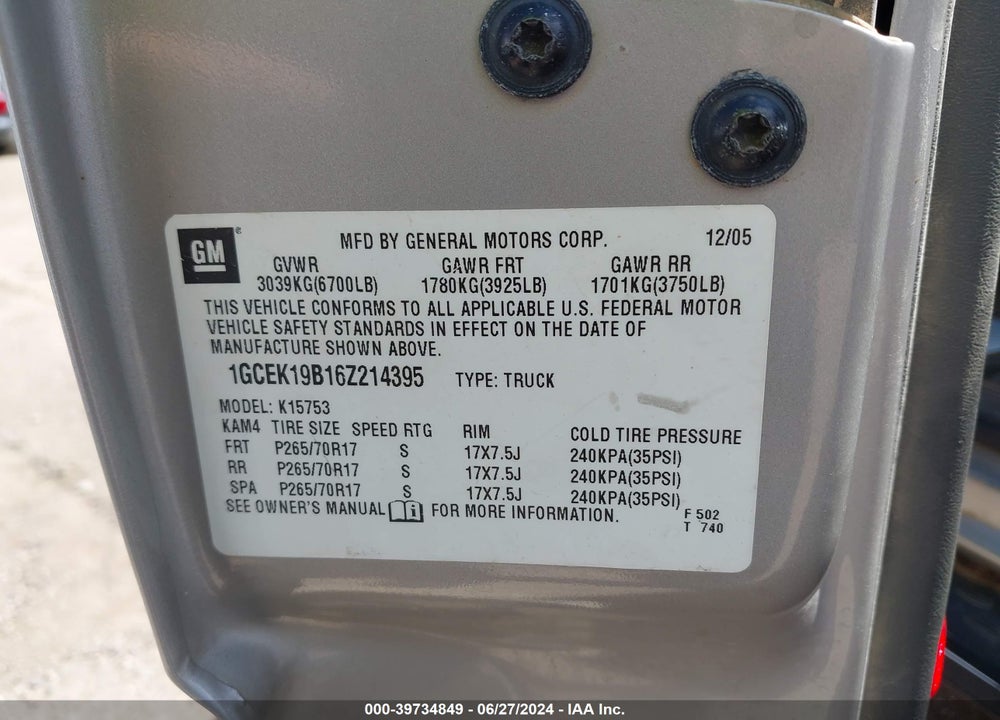 2006 CHEVROLET SILVERADO 1500 LT1 VIN: 1GCEK19B16Z214395
