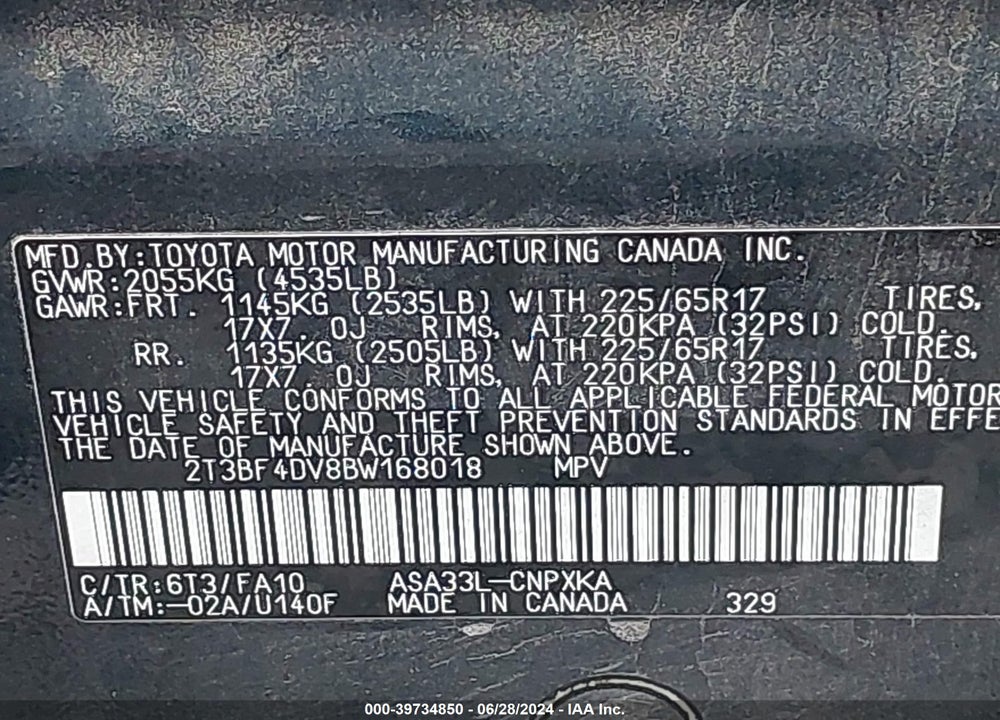 2011 TOYOTA RAV4 VIN: 2T3BF4DV8BW168018