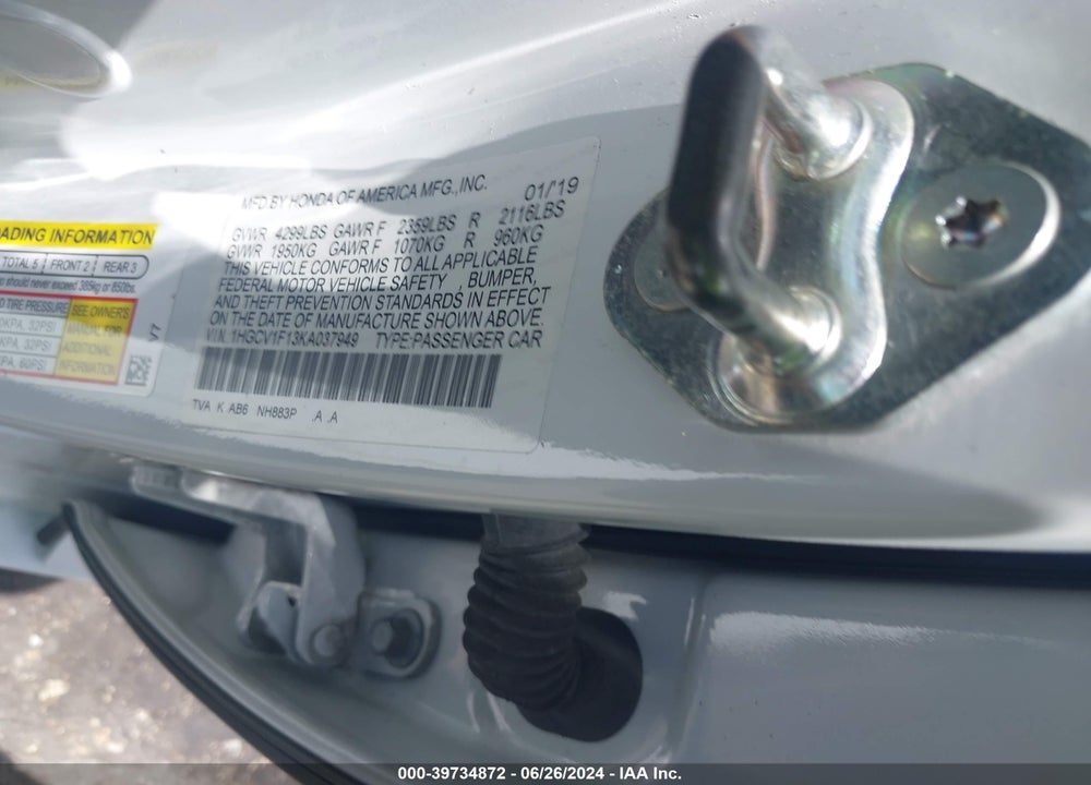 2019 HONDA ACCORD VIN: 1HGCV1F13KA037949