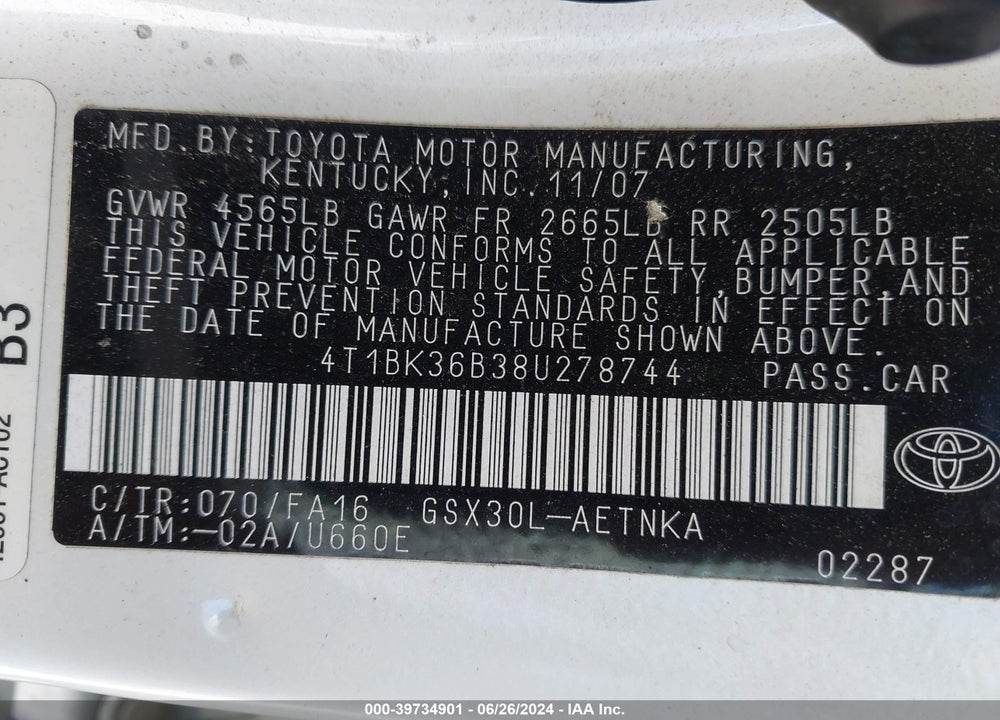 2008 TOYOTA AVALON XL VIN: 4T1BK36B38U278744