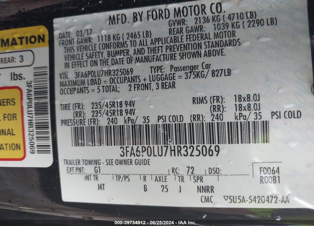 2017 FORD FUSION HYBRID SE VIN: 3FA6P0LU7HR325069
