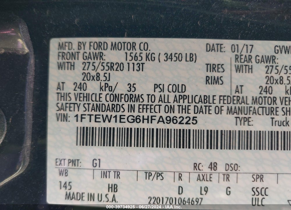 2017 FORD F-150 LARIAT VIN: 1FTEW1EG6HFA96225
