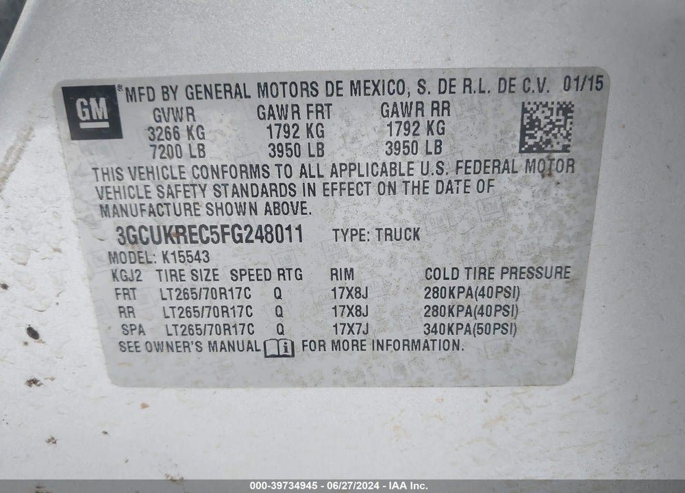 2015 CHEVROLET SILVERADO 1500 1LT VIN: 3GCUKREC5FG248011