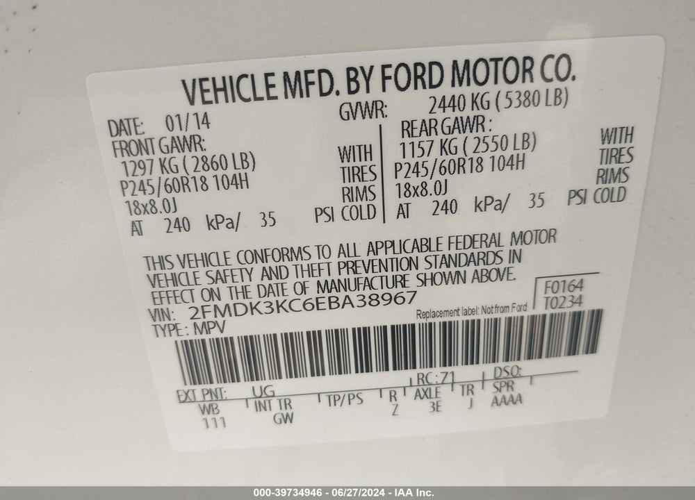 2014 FORD EDGE VIN: 2FMDK3KC6EBA38967