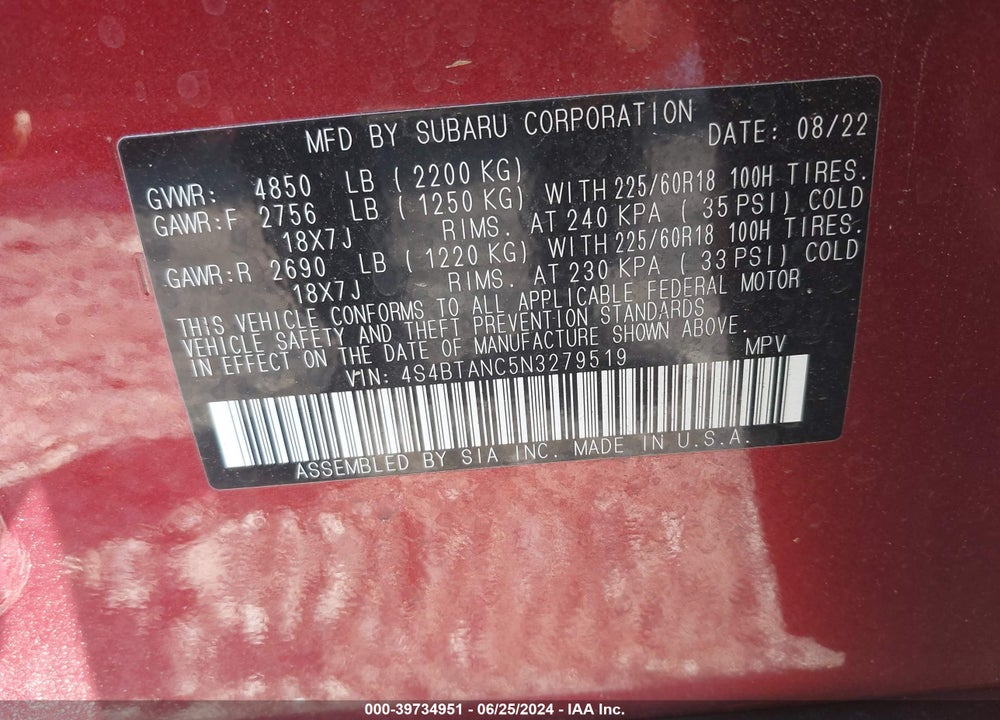 2022 SUBARU OUTBACK LIMITED VIN: 4S4BTANC5N3279519