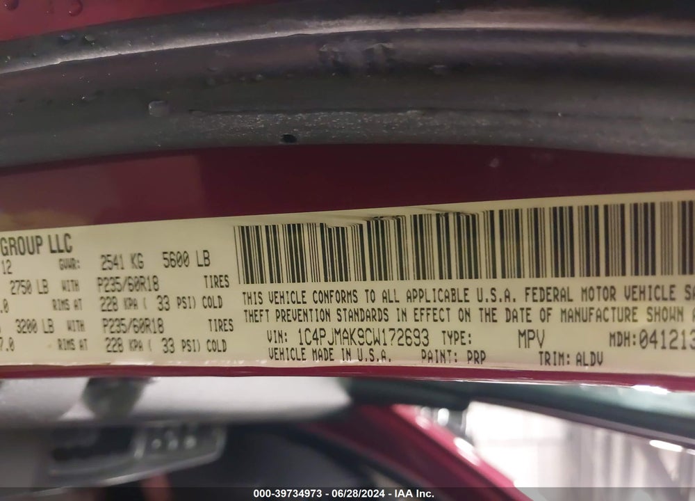 2012 JEEP LIBERTY SPORT VIN: 1C4PJMAK9CW172693
