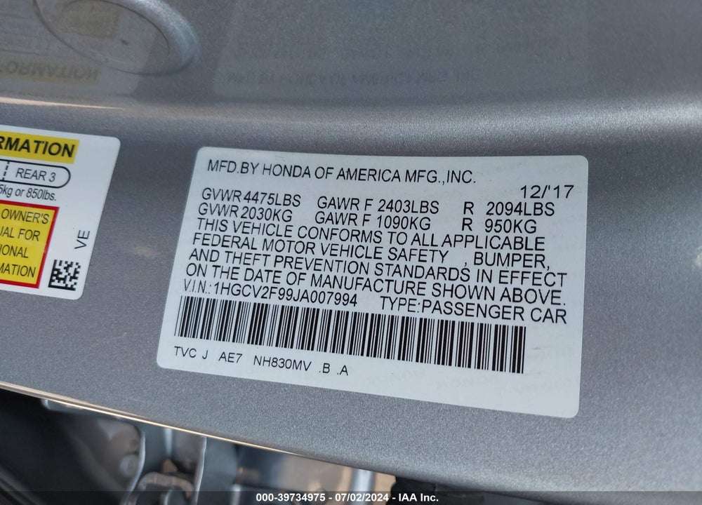 2018 HONDA ACCORD TOURING 2.0T VIN: 1HGCV2F99JA007994