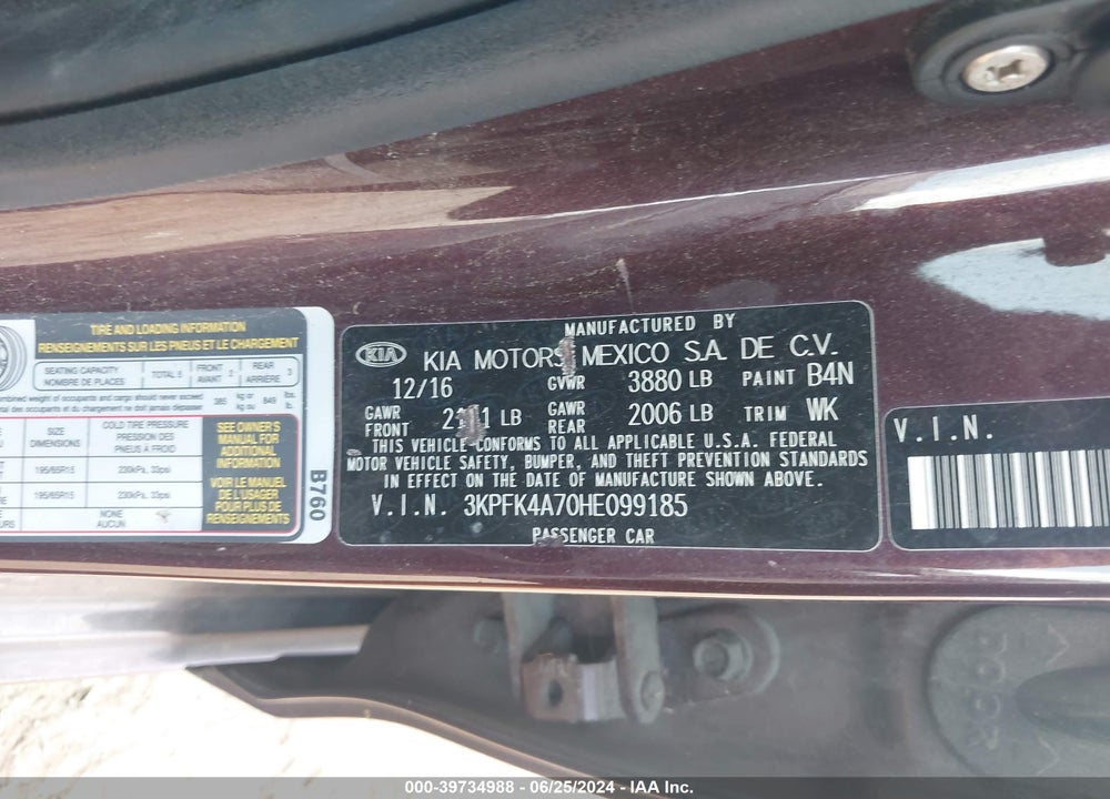 2017 KIA FORTE VIN: 3KPFK4A70HE099185