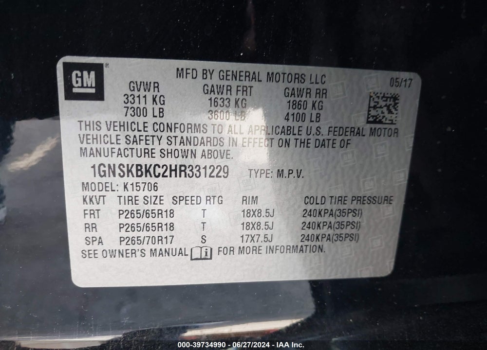2017 CHEVROLET TAHOE LT VIN: 1GNSKBKC2HR331229