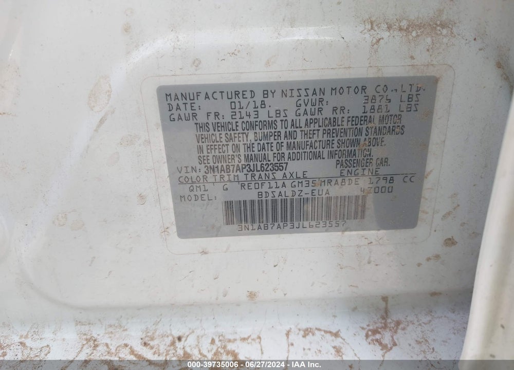 2018 NISSAN SENTRA SV VIN: 3N1AB7AP3JL623557