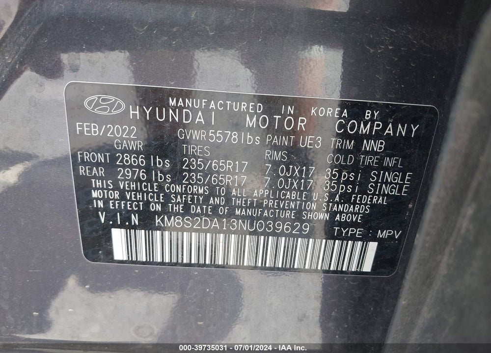 2022 HYUNDAI SANTA FE HYBRID BLUE VIN: KM8S2DA13NU039629