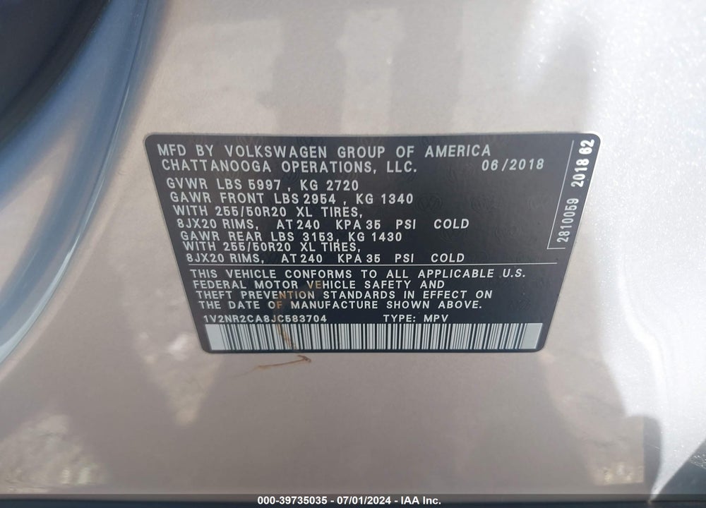 2018 VOLKSWAGEN ATLAS 3.6L V6 SEL PREMIUM VIN: 1V2NR2CA8JC583704