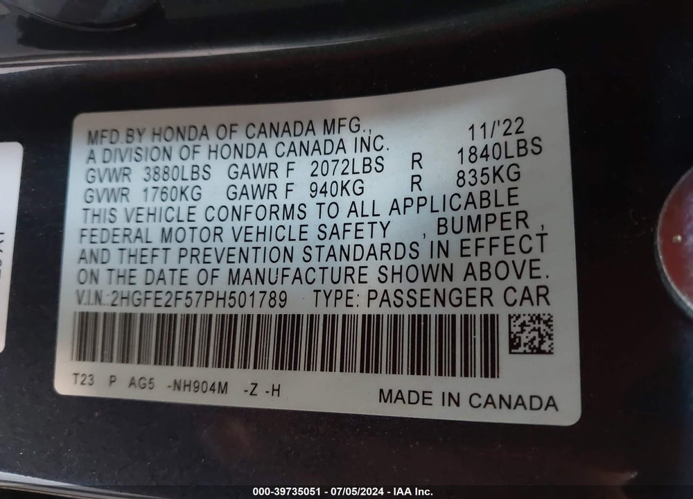 2023 HONDA CIVIC SPORT VIN: 2HGFE2F57PH501789