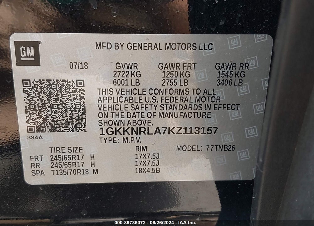 2019 GMC ACADIA SLE-1 VIN: 1GKKNRLA7KZ113157