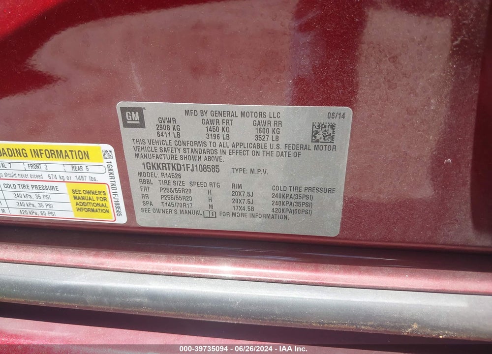 2015 GMC ACADIA DENALI VIN: 1GKKRTKD1FJ108585