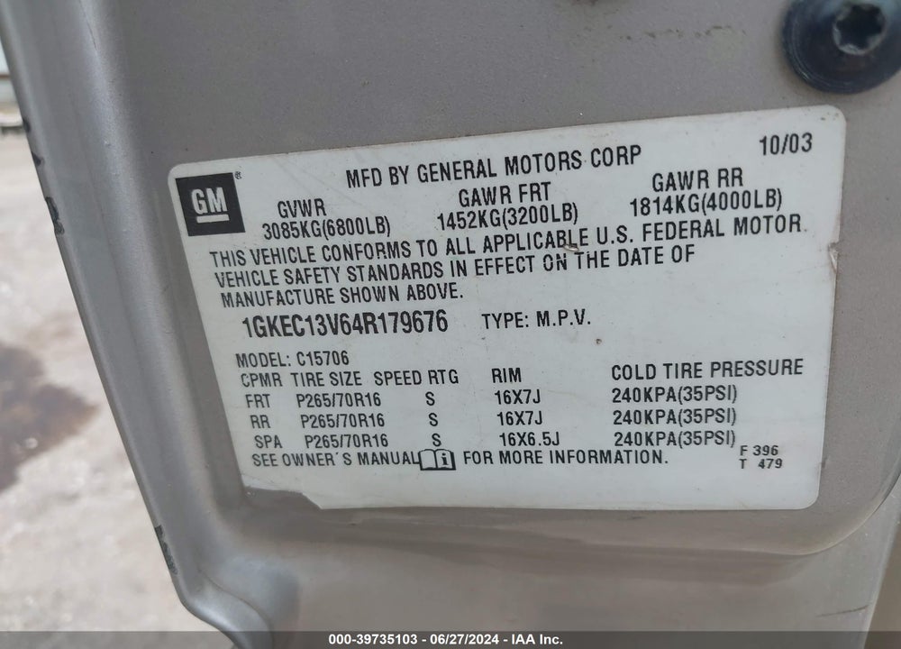 2004 GMC YUKON SLE VIN: 1GKEC13V64R179676