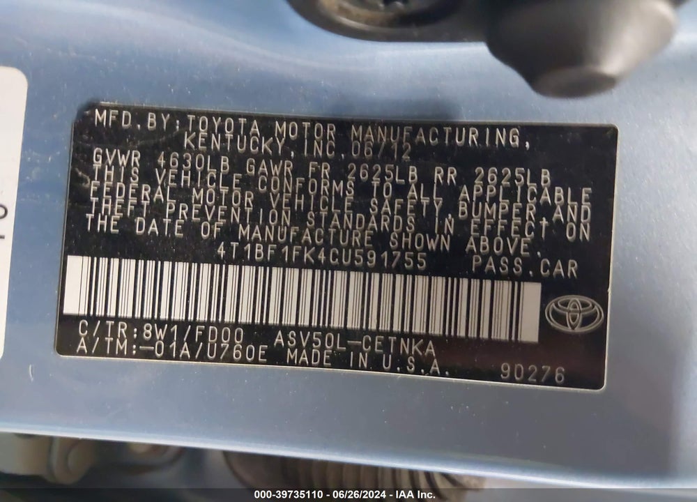 2012 TOYOTA CAMRY LE VIN: 4T1BF1FK4CU591755