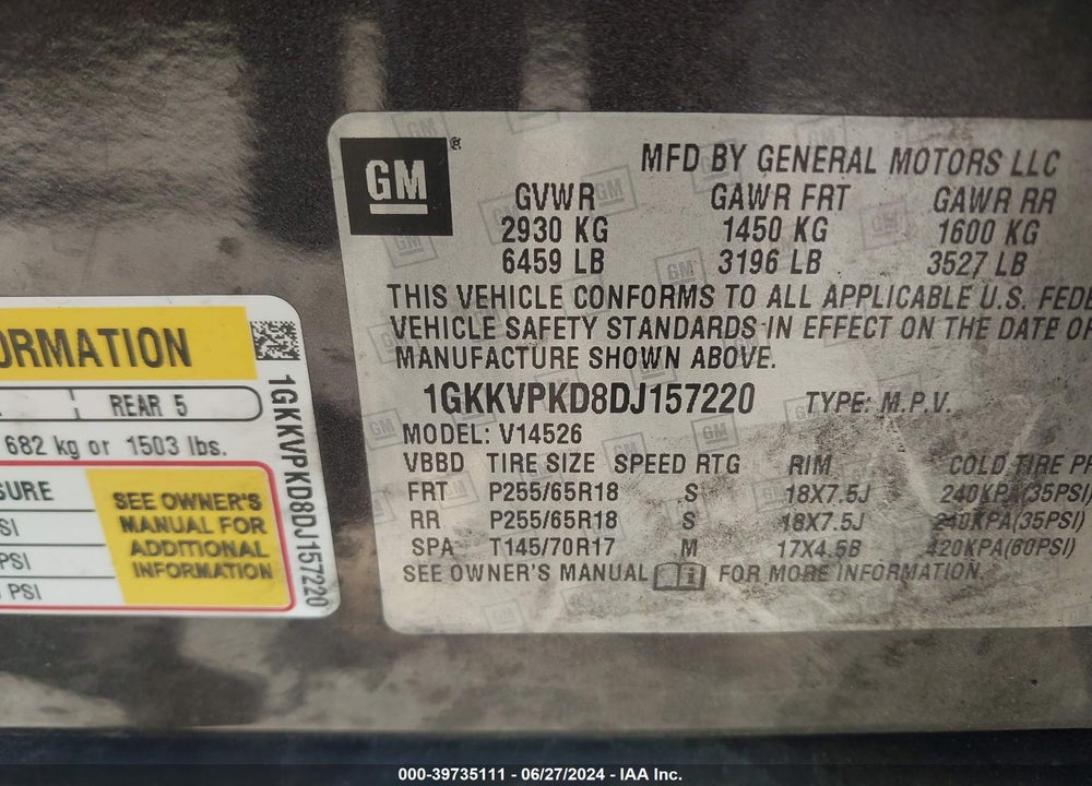 2013 GMC ACADIA SLE-2 VIN: 1GKKVPKD8DJ157220