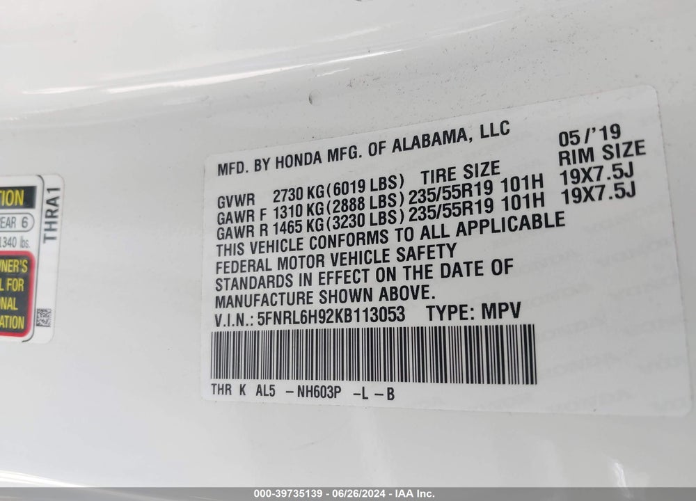 2019 HONDA ODYSSEY ELITE VIN: 5FNRL6H92KB113053