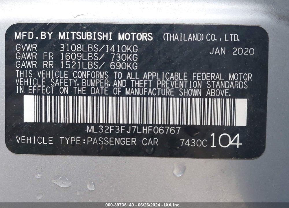2020 MITSUBISHI MIRAGE G4 ES VIN: ML32F3FJ7LHF06767