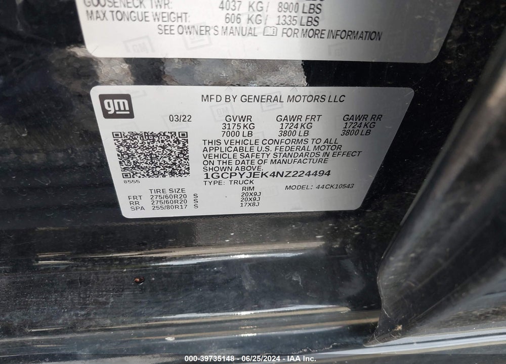 2022 CHEVROLET SILVERADO 1500 LTD 4WD  SHORT BED LT WITH 2FL VIN: 1GCPYJEK4NZ224494