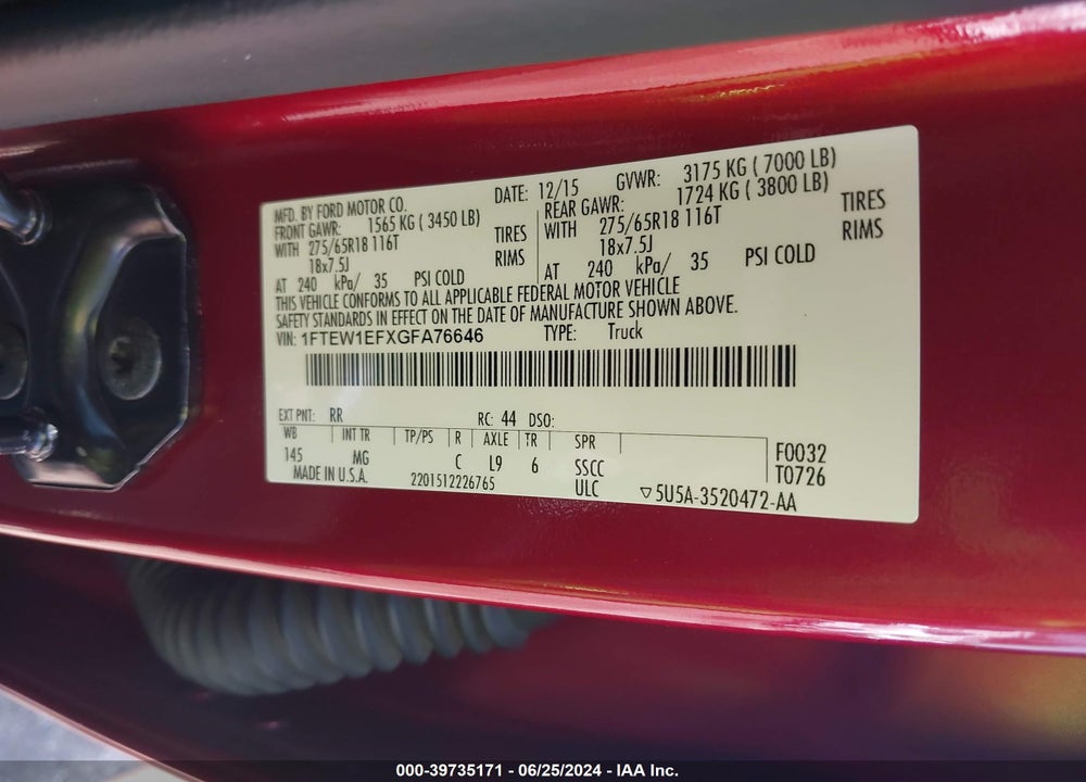 2016 FORD F-150 XLT VIN: 1FTEW1EFXGFA76646